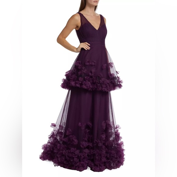 Marchesa Notte Tiered Floral-Appliqué Gown Purple Size 14